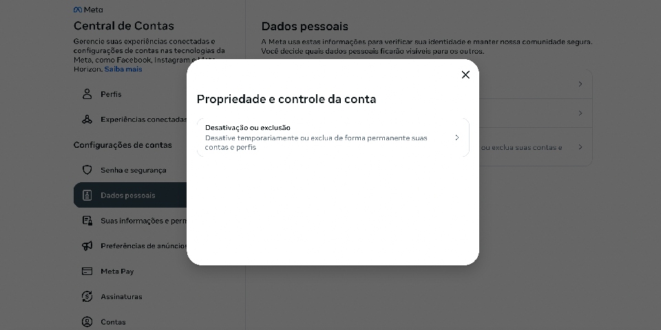 Excluir sua conta pela Central de Contas no navegador
